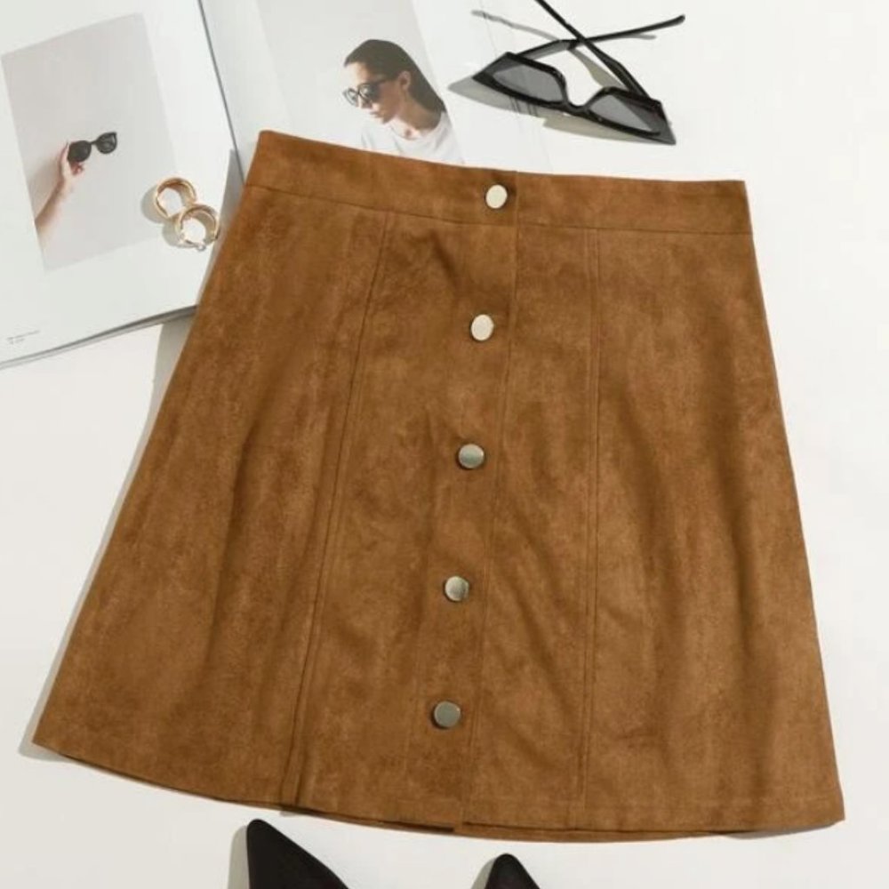 Brown faux suede button up skirt
